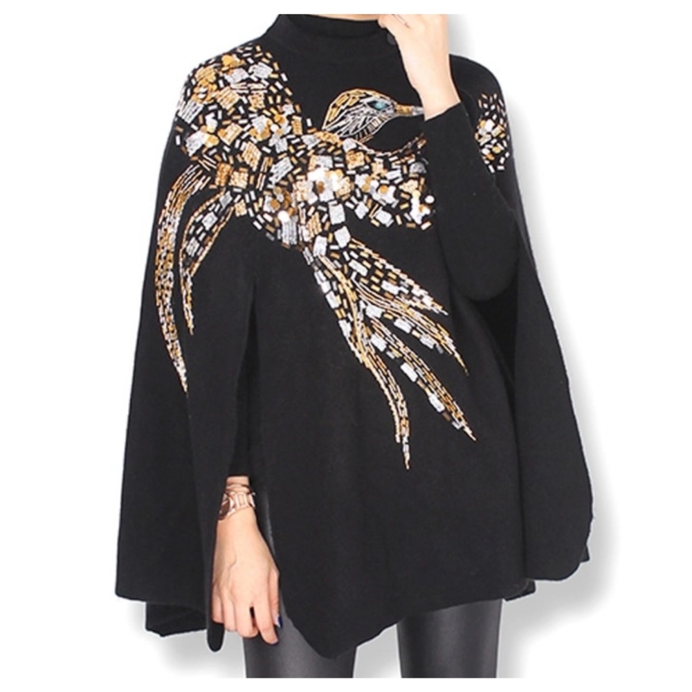 Black Soft Sequin Cape Poncho - Picture 2 of 8